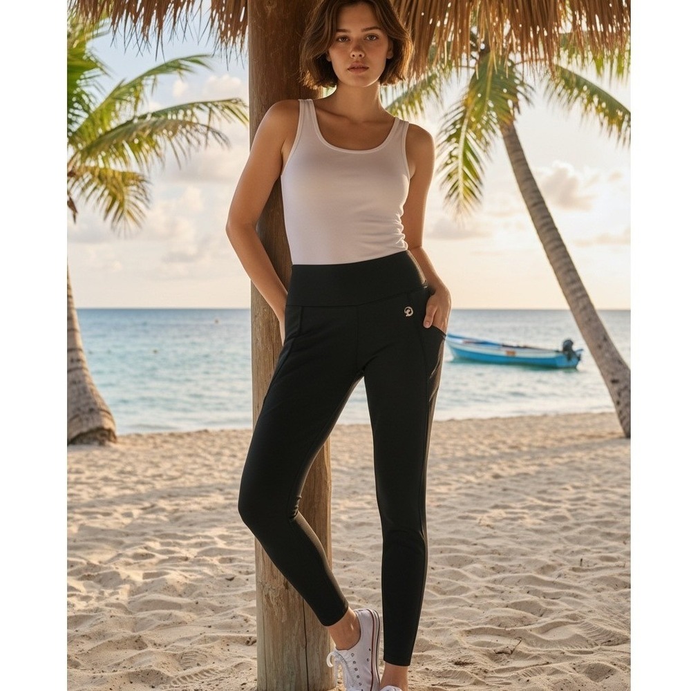 Josie Natori Womens High Waisted Active Leggings Side Pocket Dragon Logo XS
